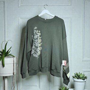 Free People Women’s Olive Green Graphic Sweatshirt Cotton & Polyester Crewneck S